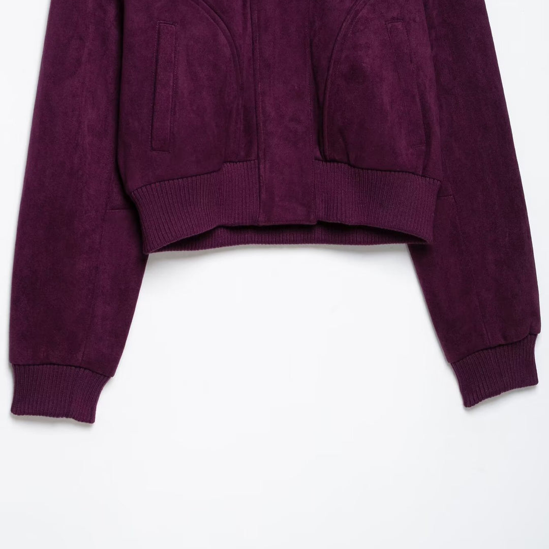 Women Cropped Velvet Jacket in Bomber Style with High Ribbed Collar and Waistband Mune Fashion
