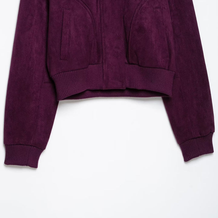Women Cropped Velvet Jacket in Bomber Style with High Ribbed Collar and Waistband Mune Fashion