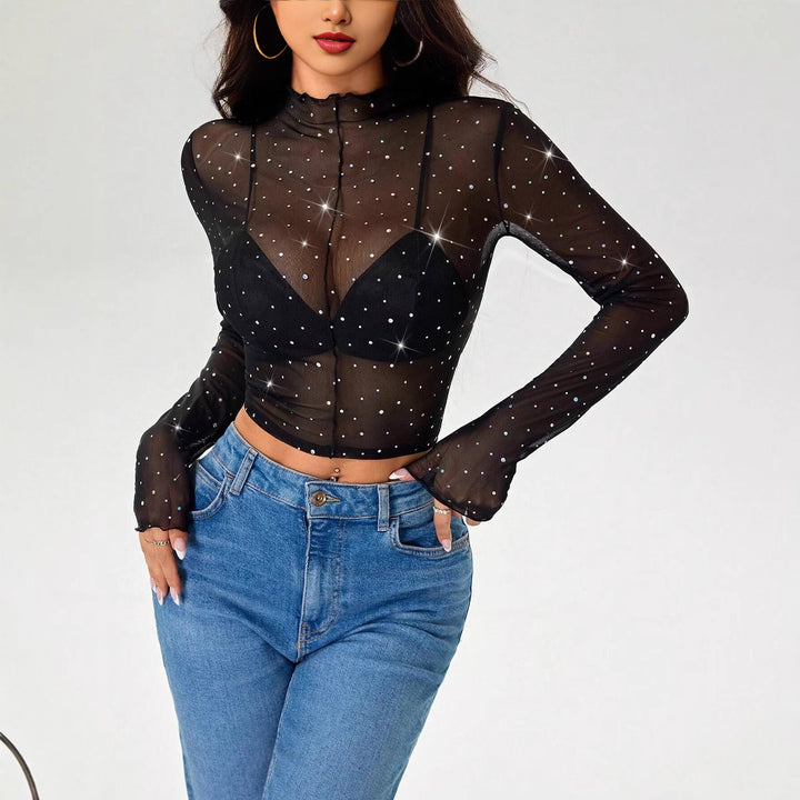 Ladies no-belly sheer net top with sparkling rhinestone appliqués and stand-up collar Mune Fashion
