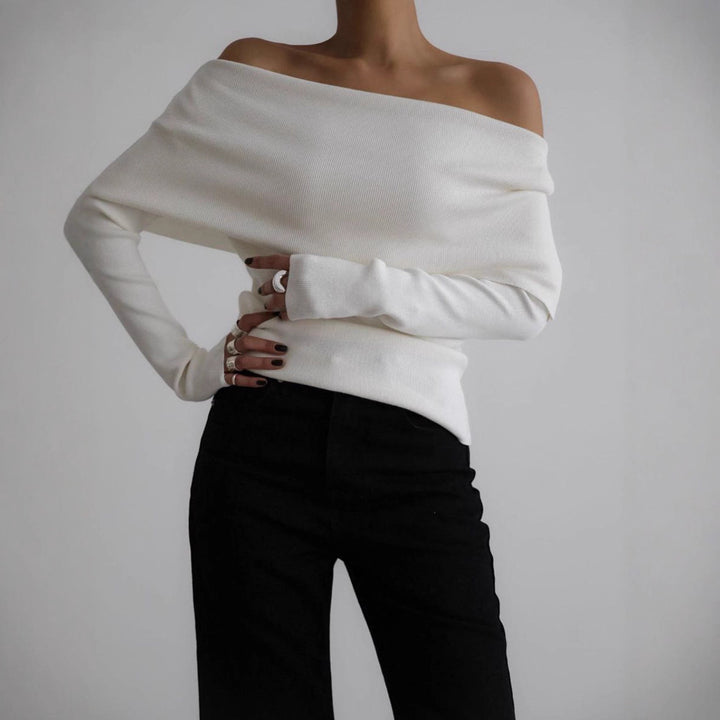 Women's off-the-shoulder fine knit sweater with foldable Carmen collar Mune Fashion
