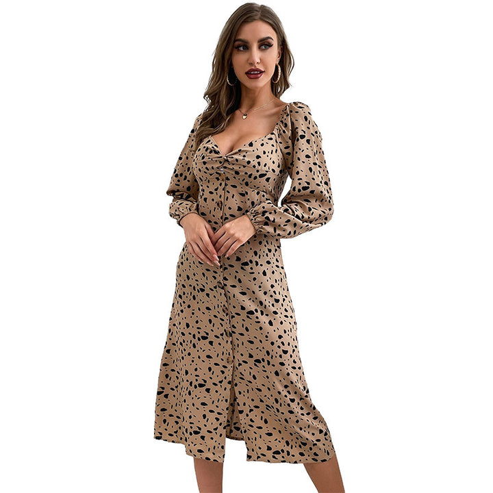 Women's Midi Dress with Leopard Print and Puff Sleeves Mune Fashion