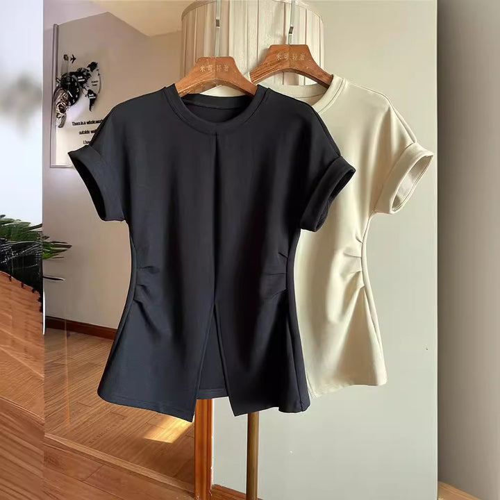 Women Short-Sleeved Structured Jersey Shirt with Waist Gatherings and Front Slit Mune Fashion