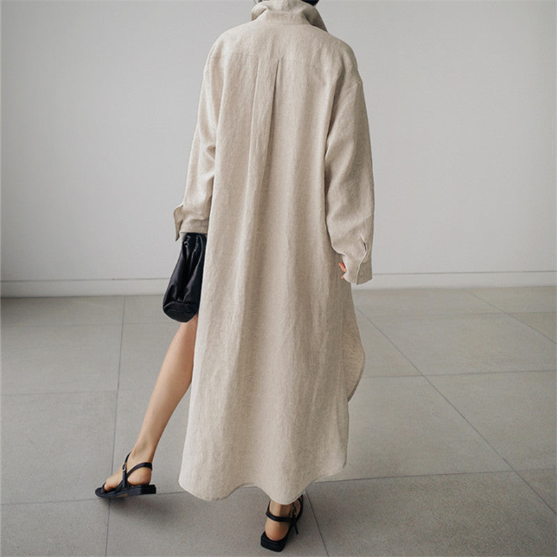 Ladies Long Light Shirt Blouse Midaxi Dress with Kent Collar and High Side Slits Mune Fashion