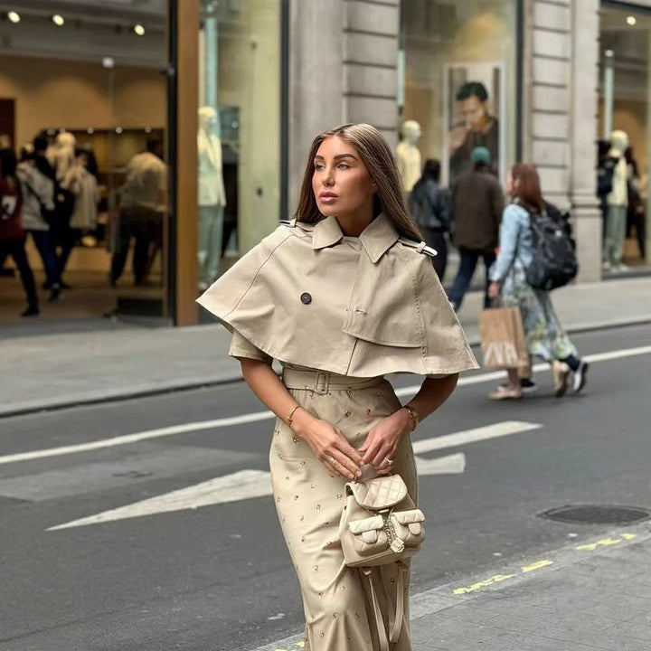 Women's Cropped Cape Trench with double-breasted buttons and shoulder flaps Mune Fashion