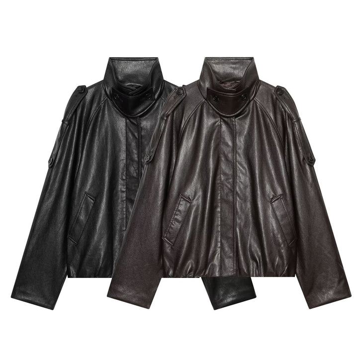 Women's short-cut leather look blouson jacket with high funnel collar, shoulder tabs and integrated patch pockets Mune Fashion