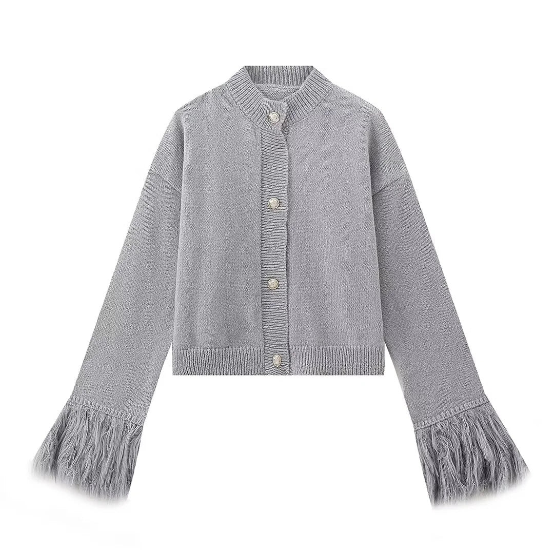Women's 300+ Cropped Cardigan with Fringe Sleeves and Bead Button Placket Mune Fashion