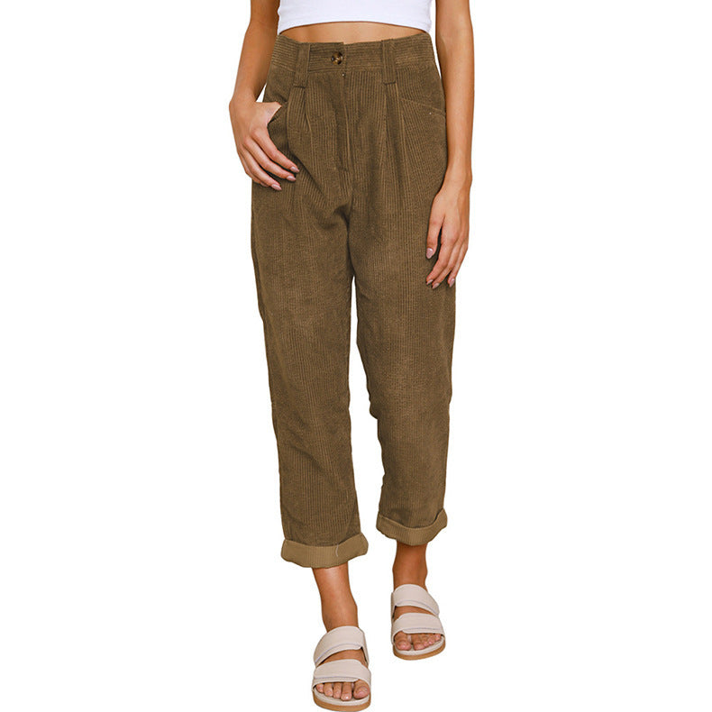 Women's Casual Corduroy Pants with High Waist, Loose Tapered Fit, and Cuffed Hem Mune Fashion