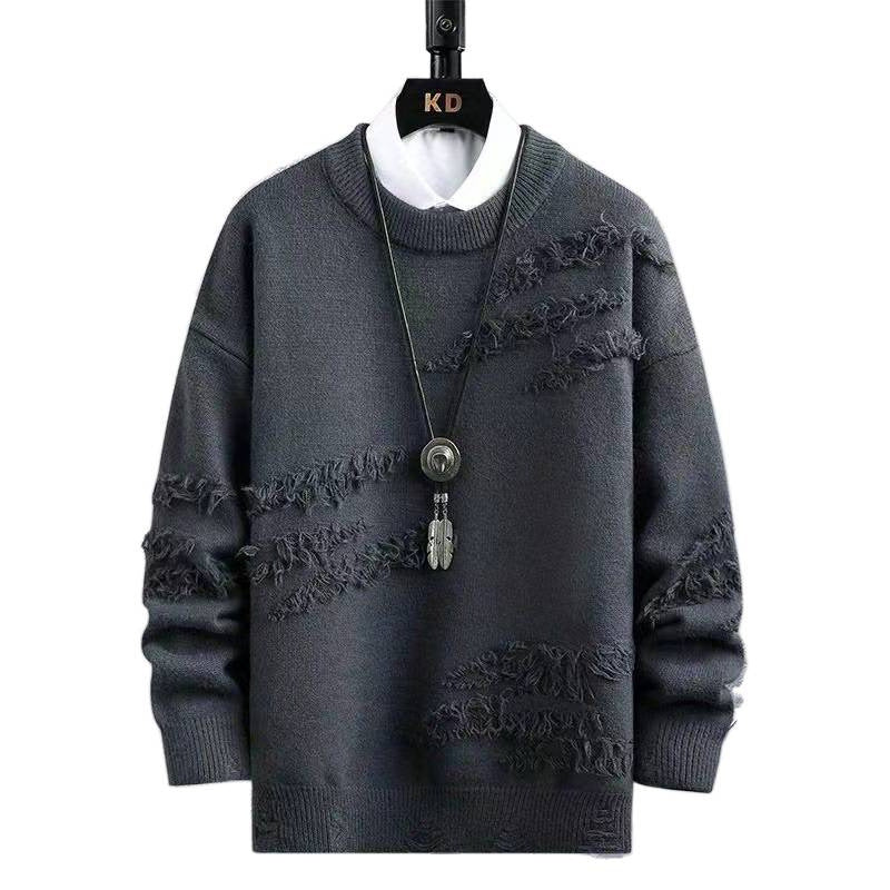 Men's Oversized Knit Sweater with Fringe - Used Details and Round Neck Mune Fashion