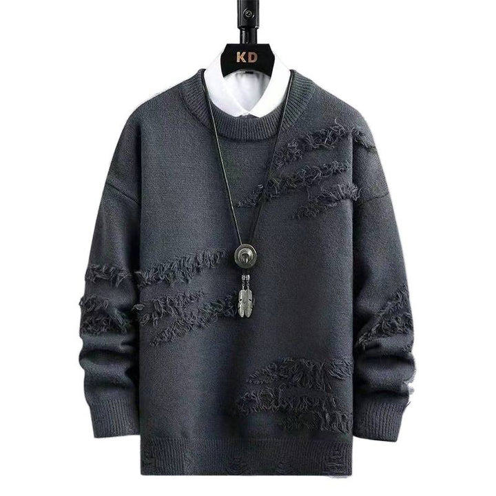 Men's Oversized Knit Sweater with Fringe - Used Details and Round Neck Mune Fashion