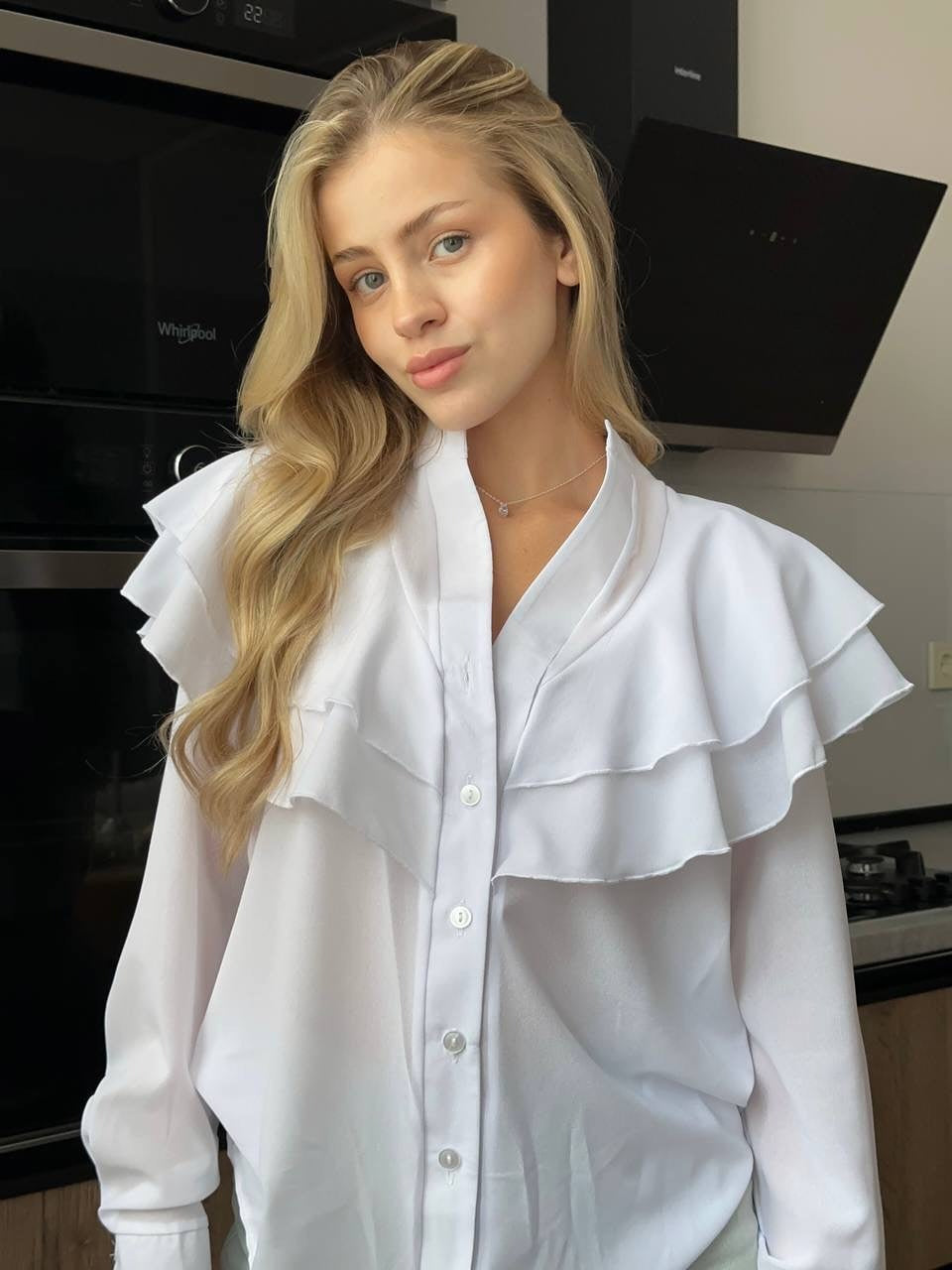 Women's chiffon blouse with layered ruffle and pearl buttons Mune Fashion