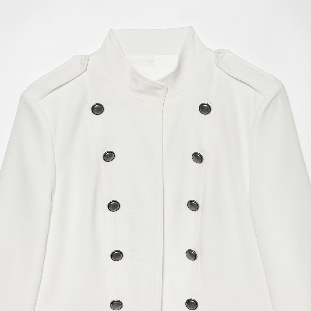 Women Short Military-Inspired Double-Breasted Jacket with Stand Collar and Flap Pockets Mune Fashion