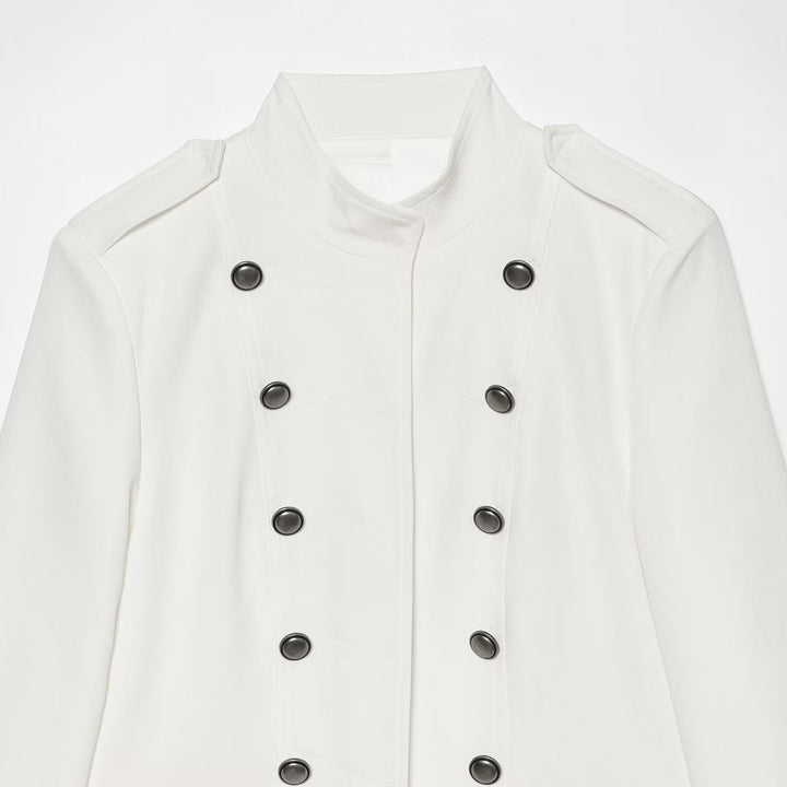 Women Short Military-Inspired Double-Breasted Jacket with Stand Collar and Flap Pockets Mune Fashion