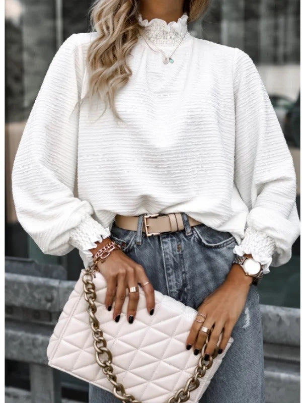 Women Loose Structured Long Sleeve Top with Ruffle Collar and Smocked Cuffs Drune