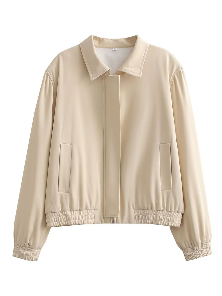 Women Minimalistic Harrington Bomber Jacket with Concealed Front Placket and Gathered Hem Mune Fashion