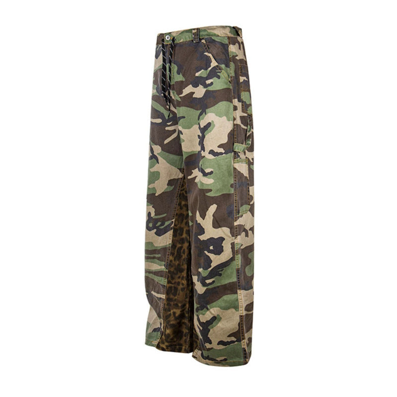 Ladies Wide Cargo Culotte Pants with Camouflage Print and Leopard Detail Mune Fashion