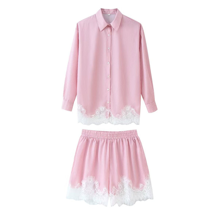 Women's two-piece satin pajama set with shirt blouse, elastic waistband shorts, and lace trim Mune Fashion
