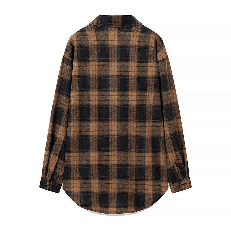 Women's Oversized Check Shirt Blouse with Patch Breast Pockets and Rounded Hem Mune Fashion