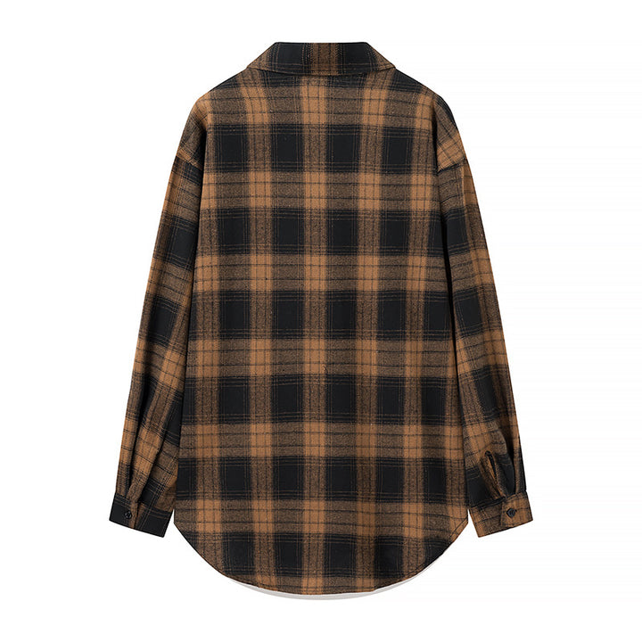 Women's Oversized Check Shirt Blouse with Patch Breast Pockets and Rounded Hem Mune Fashion