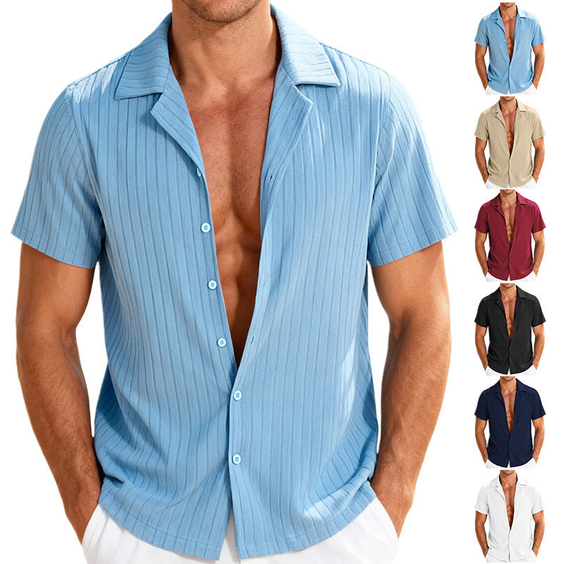 Men's fine ribbed short-sleeve knitted shirt with notch collar and full-button placket Mune Fashion