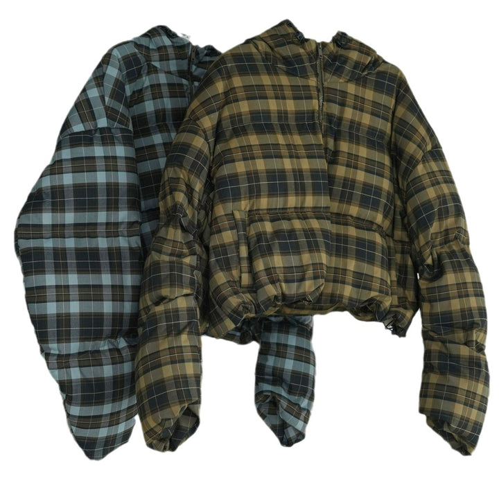 Ladies Short-Cut Padded Hooded Quilted Jacket in Checkered Pattern Mune Fashion