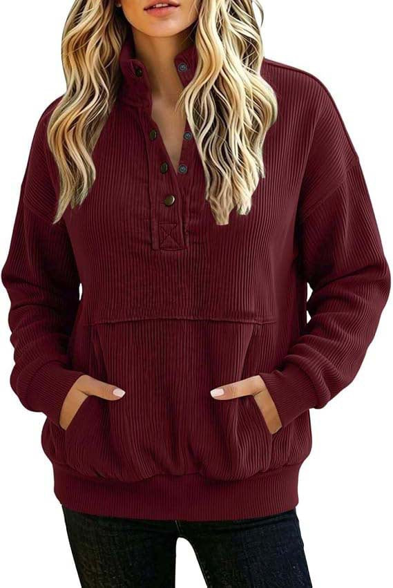 Women's ribbed Henley pullover with stand collar and kangaroo pocket Mune Fashion