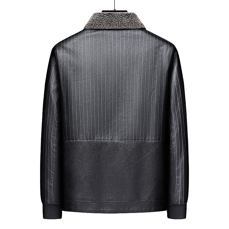 Men's Faux Leather Blouson with Sherpa Collar, Warm Teddy Lining and Pinstripe Detail Mune Fashion