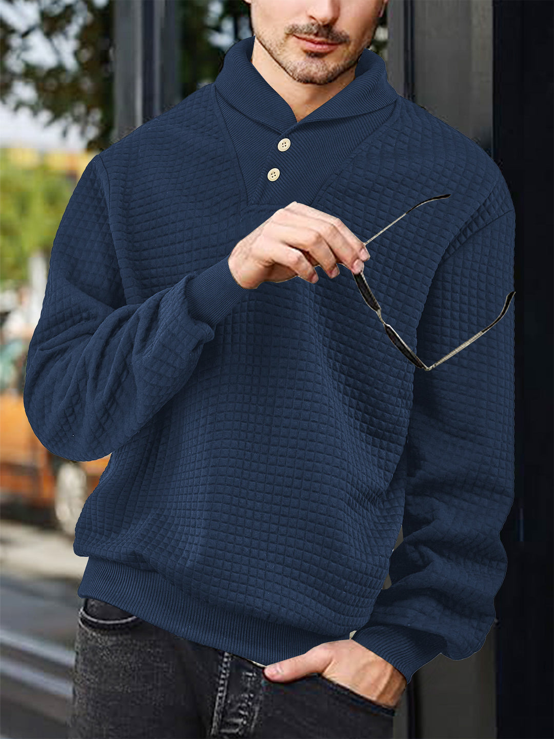 Men's elegant knitted pullover with shawl collar, button placket at neckline and check waffle texture Mune Fashion