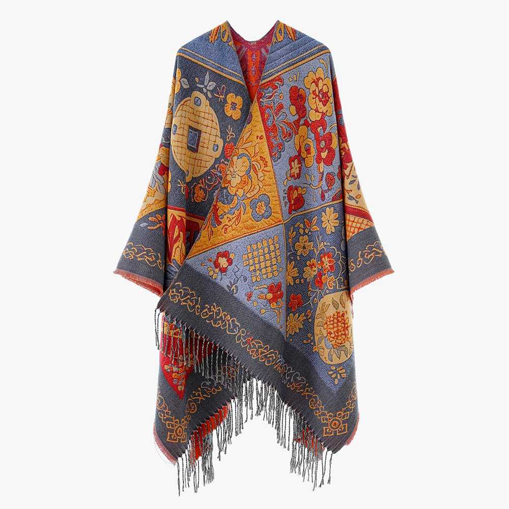 Women's Jacquard-Woven Fringe Poncho in Tapestry Look Mune Fashion