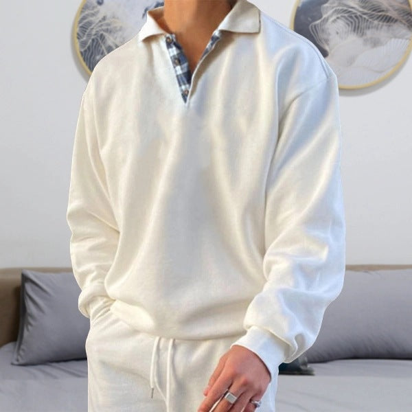 Men's casual long sleeve polo with open V-neck, shirt collar, and check inside placket Mune Fashion