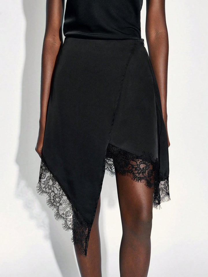 Women’s nan asymmetrical wrap skirt with lace trim and satin-like drape Mune Fashion