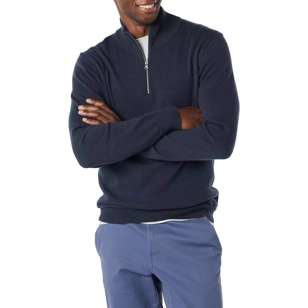 Men's fine knit troyer with half zipper, slim silhouette and contrasting stand-up collar Mune Fashion