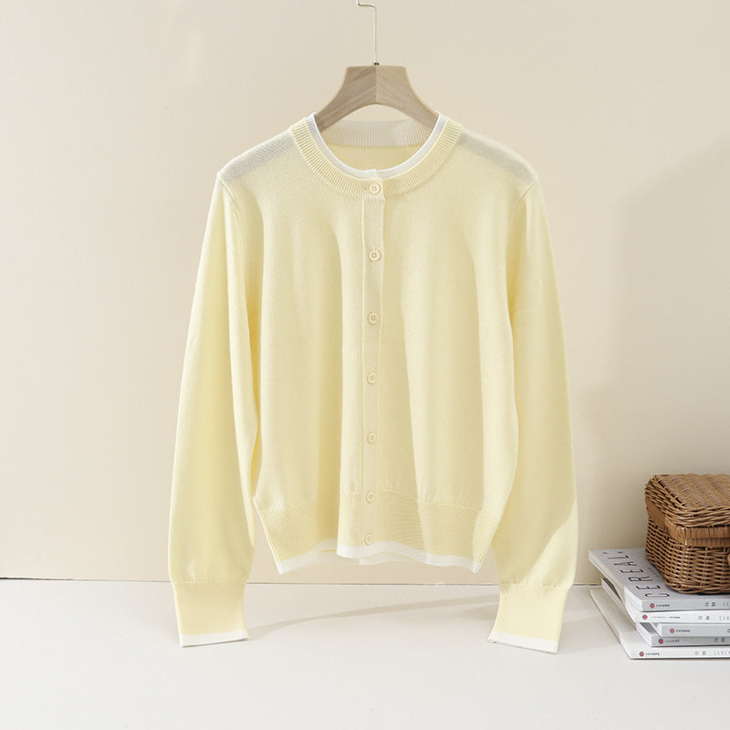 Women Lightweight Fine Knit Cardigan with Round Neck, Contrast Cuffs and Continuous Button Placket Mune Fashion