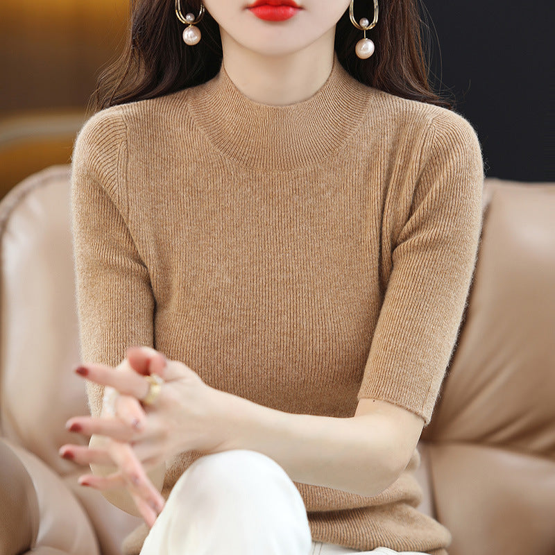 Women's Short Sleeve Fine Knit Sweater with Stand-Up Collar and Tailored Fit Mune Fashion