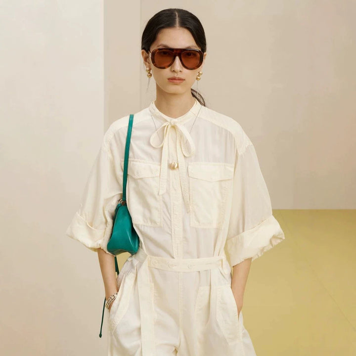 Women’s Longer Utility Jumpsuit with Shirt Collar and Tie Belt Mune Fashion