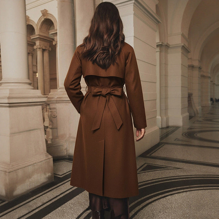 Women’s Long Tailored Wool Coat with Double-Breasted Button Placket and Tied Belt Mune Fashion