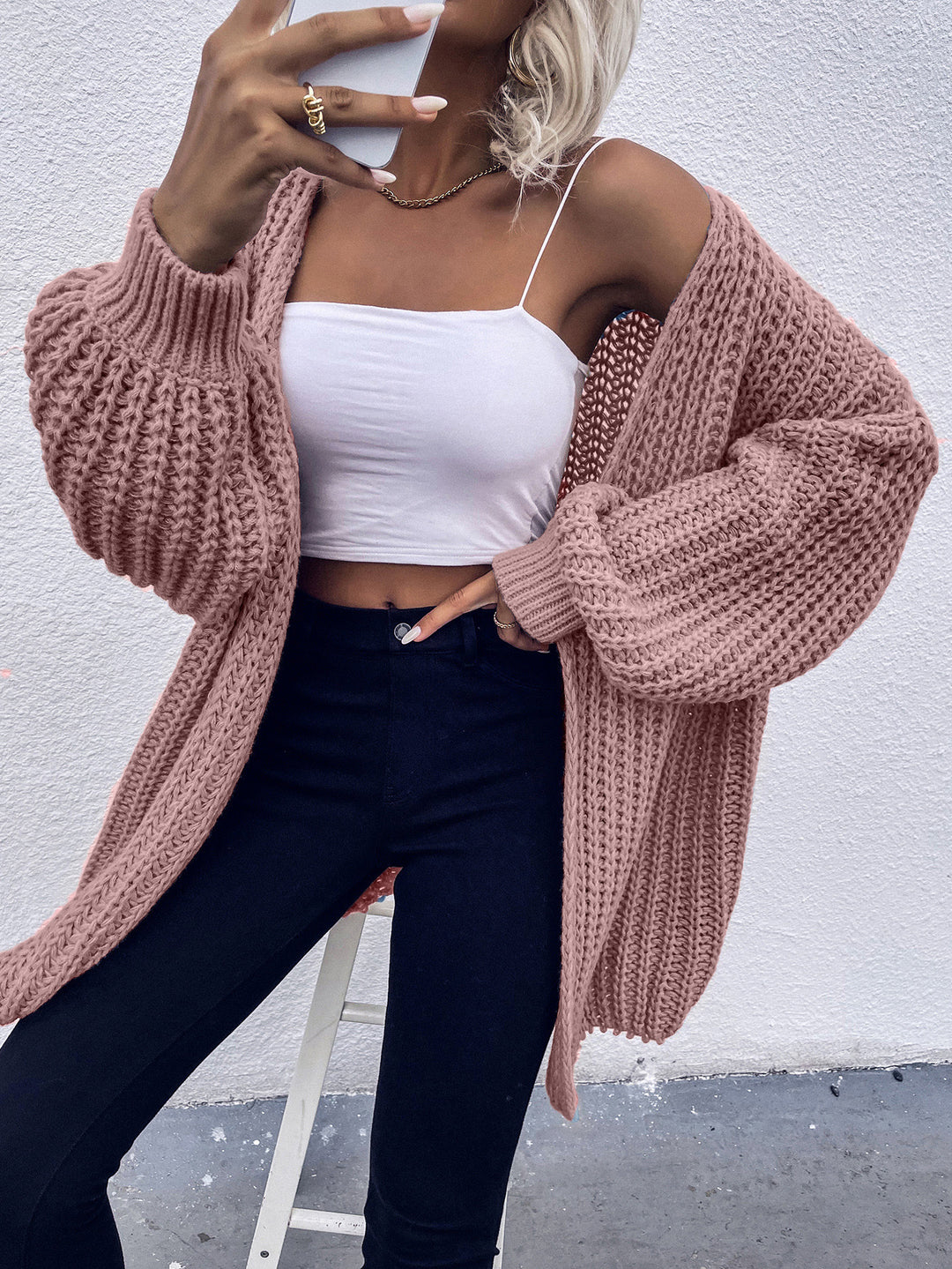 Women's Cozy Cardigan in Cocoon Cut with Extra Long Sleeve Cuffs and Open Front Mune Fashion