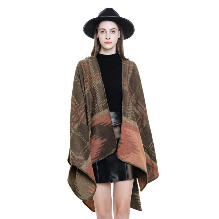 Women's coarse-woven ruana overlay made of a wool blend with structured check weaving Mune Fashion