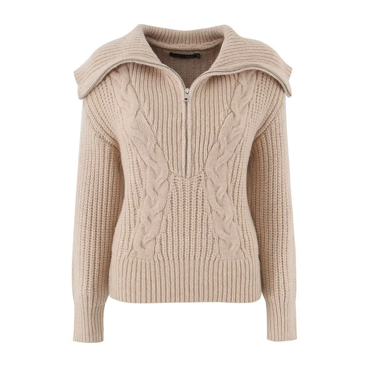 Women's chunky knit sweater with cable pattern and half zipper collar Mune Fashion