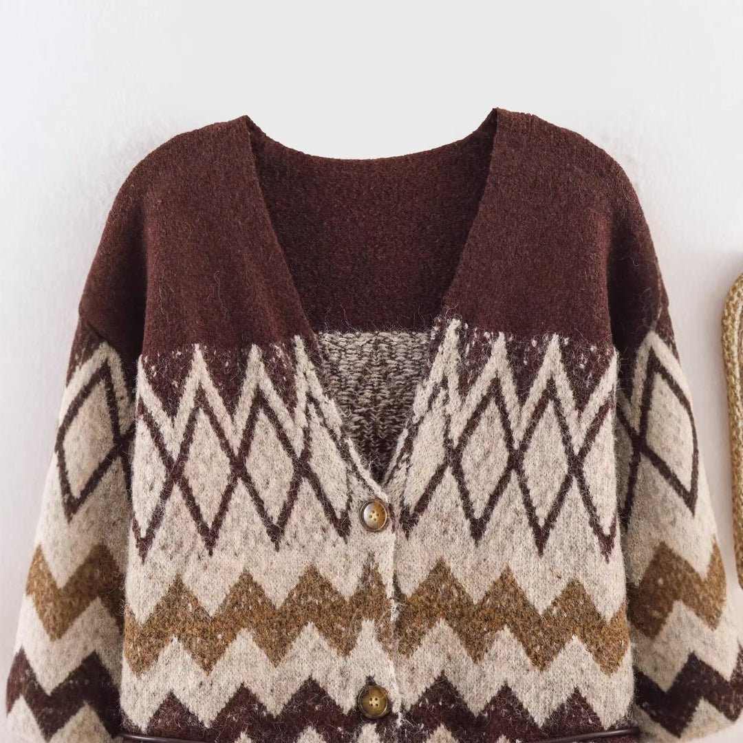 Women's Patterned Knit Cardigan with V-Neck, Button Placket and Waistband Mune Fashion