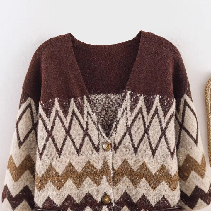 Women's Patterned Knit Cardigan with V-Neck, Button Placket and Waistband Mune Fashion