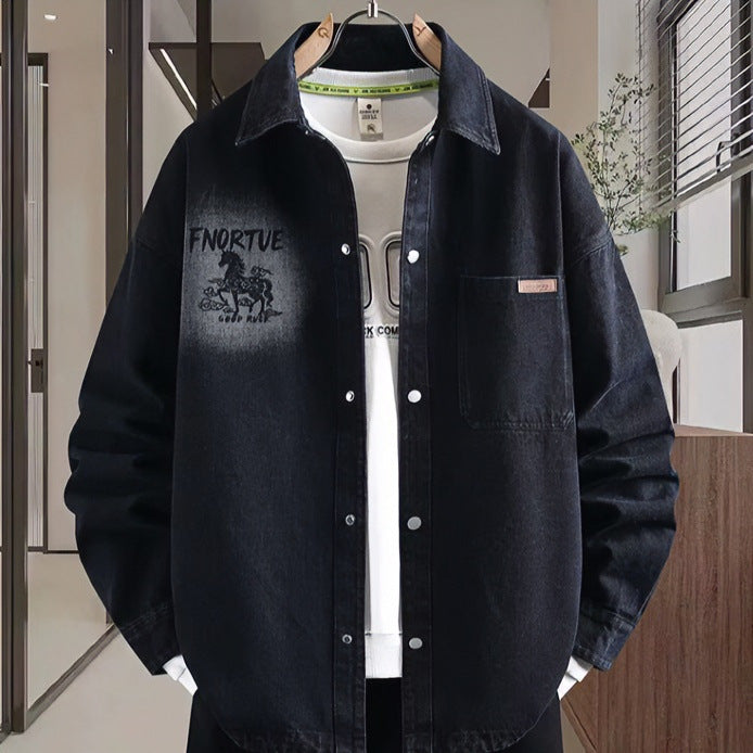 Men's loosely cut denim shirt jacket with artistic back print and overshirt cut Mune Fashion