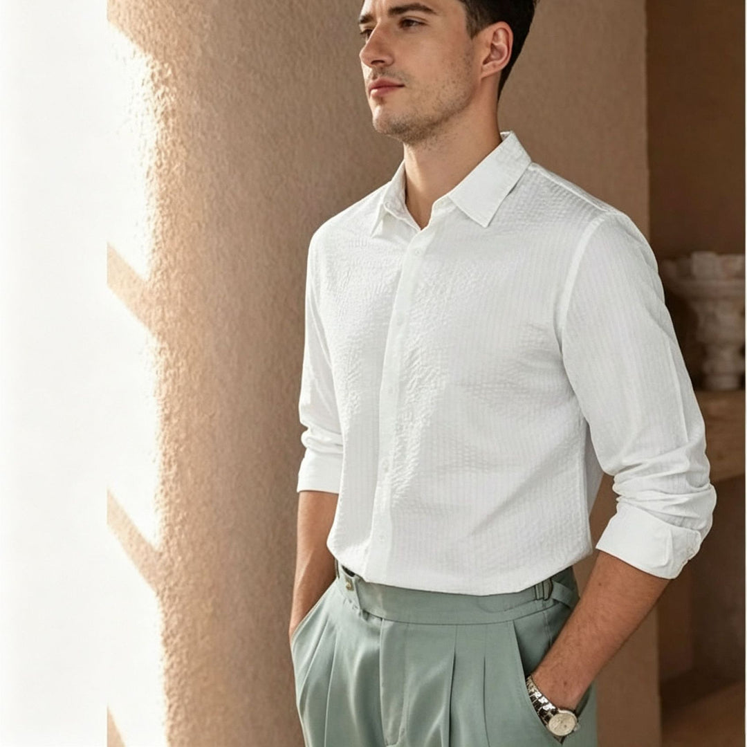 Men's Structured Cotton-Linen Shirt with Kent Collar and Rounded Hem Mune Fashion