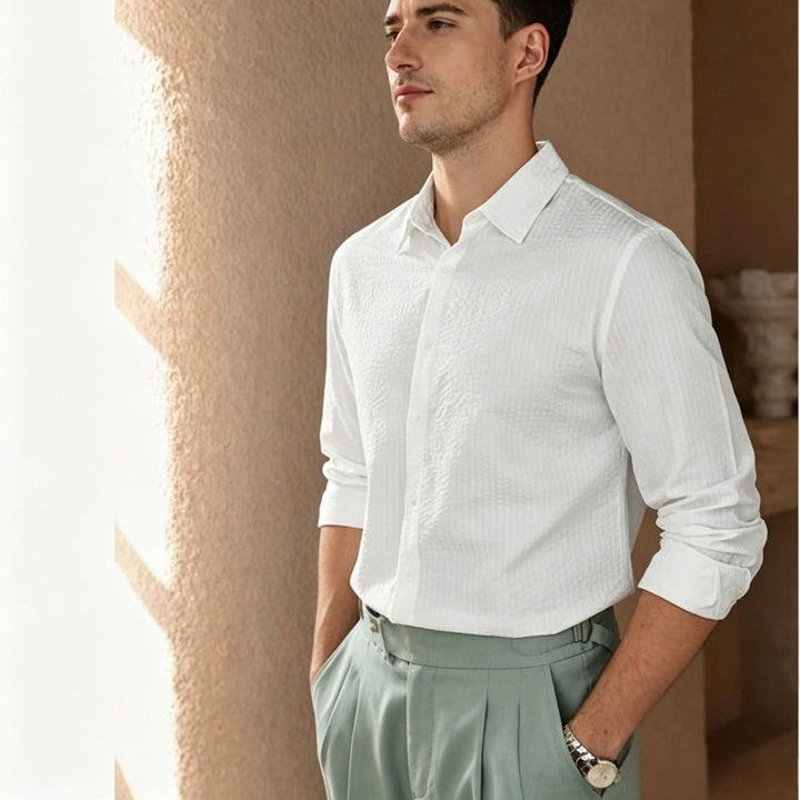 Men's Structured Cotton-Linen Shirt with Kent Collar and Rounded Hem Mune Fashion
