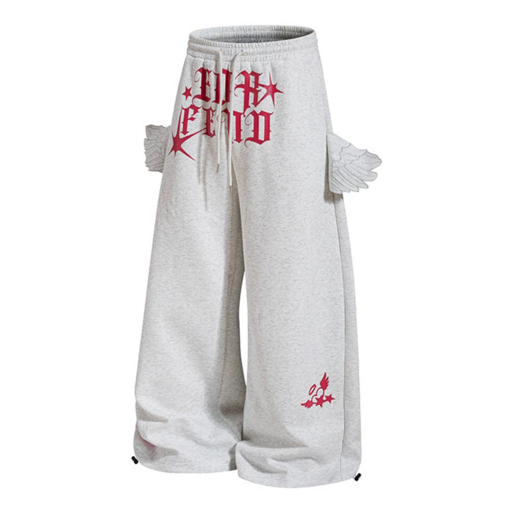 Women's Extra Wide Palazzo Sweatpants with Wing Pockets, Drawstring Waistband and Gothic Print Mune Fashion