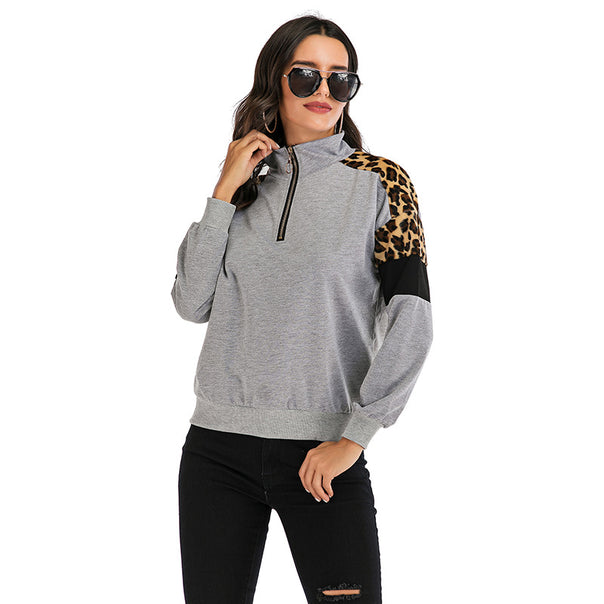 Women's sweatshirt with stand-up collar, half zipper & leopard detail Mune Fashion