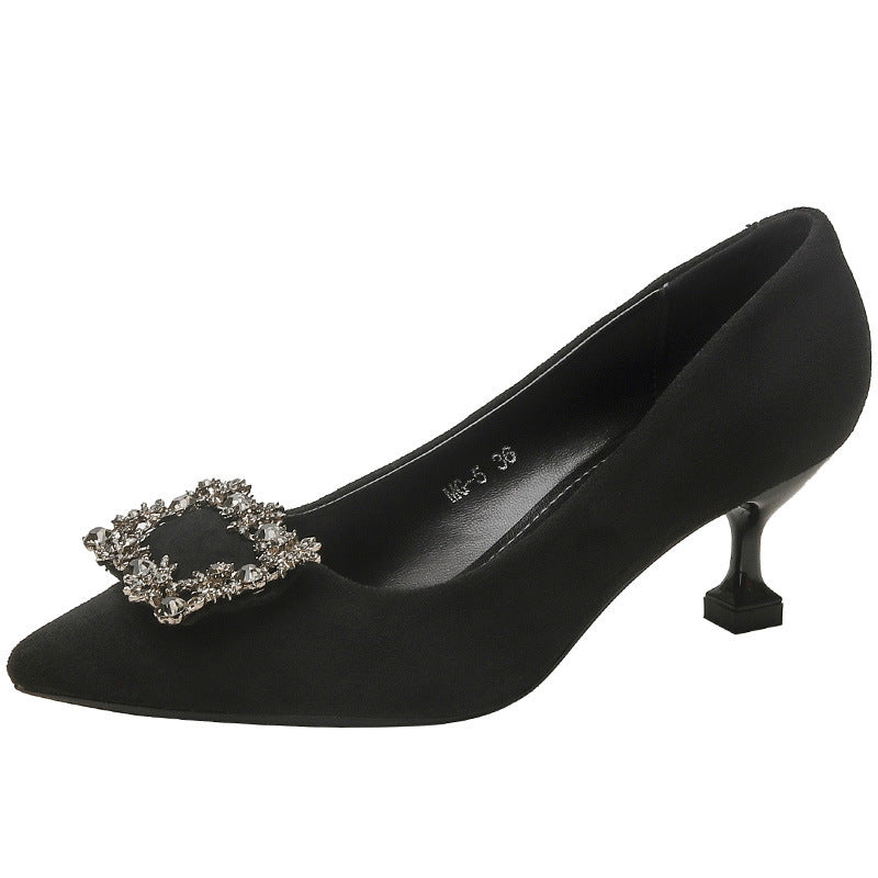 Ladies pointed toe satin pumps with square rhinestone ornament and sculptural kitten heel Mune Fashion