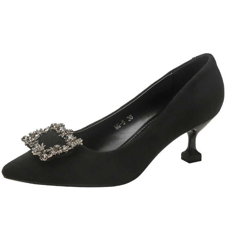 Ladies pointed toe satin pumps with square rhinestone ornament and sculptural kitten heel Mune Fashion