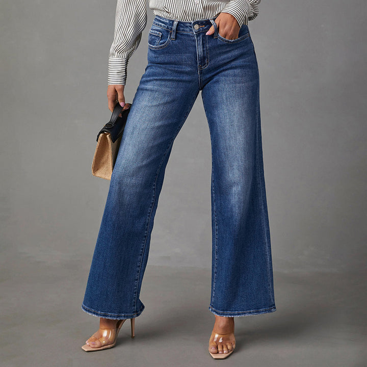Women High-Waist Denim Flared Pants with Wide Leg and Light Vintage Wash Mune Fashion