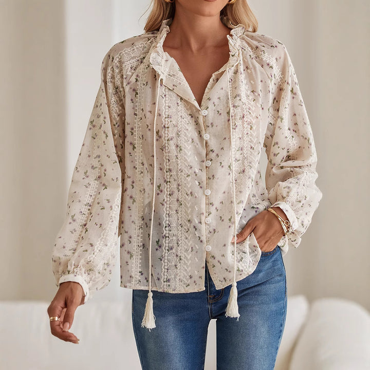 Women's Boho Lace Blouse with Embroidery, V-Neck, Tassels & Balloon Sleeves Mune Fashion
