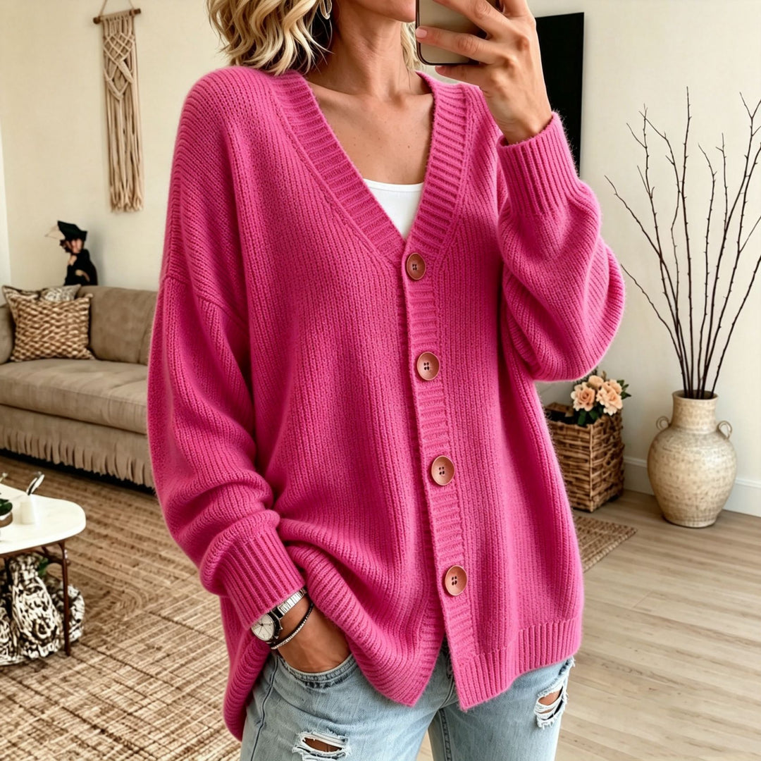 Women's Loose Longline Cardigan with Deep V-Neck and Wooden Buttons Mune Fashion